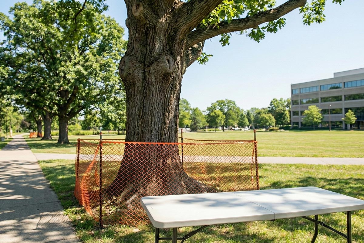 Mature oak tree surrounded by protective construction fencing, illustrating tree protection guidelines.