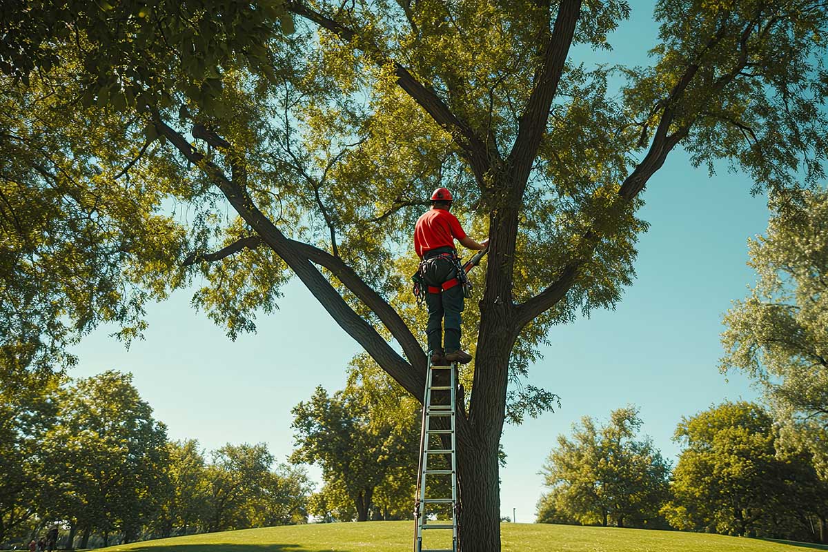 Arborist standing on a ladder performing tree pruning in a park setting.